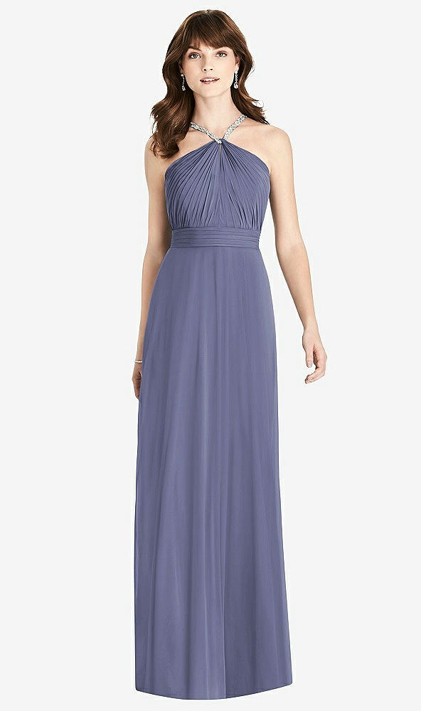 Front View - French Blue Jeweled Twist Halter Maxi Dress