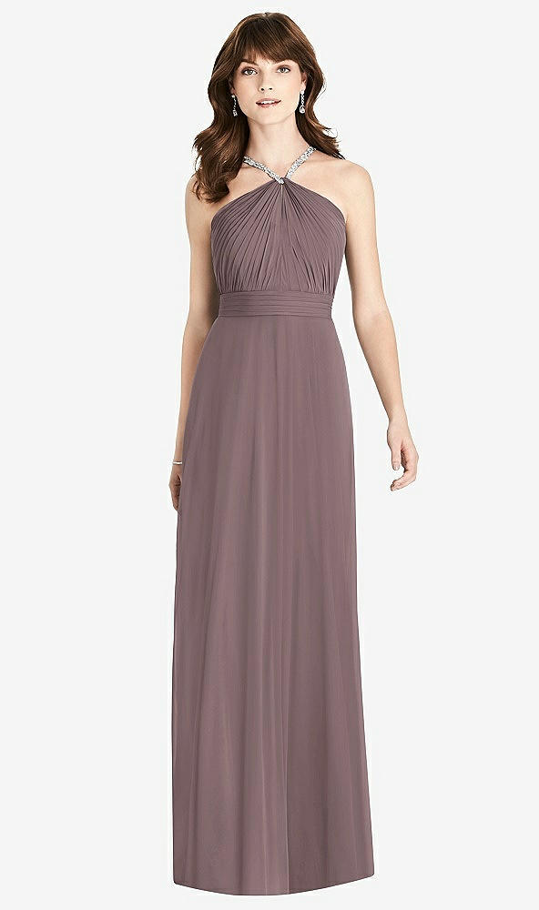 Front View - French Truffle Jeweled Twist Halter Maxi Dress