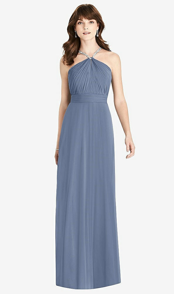 Front View - Larkspur Blue Jeweled Twist Halter Maxi Dress