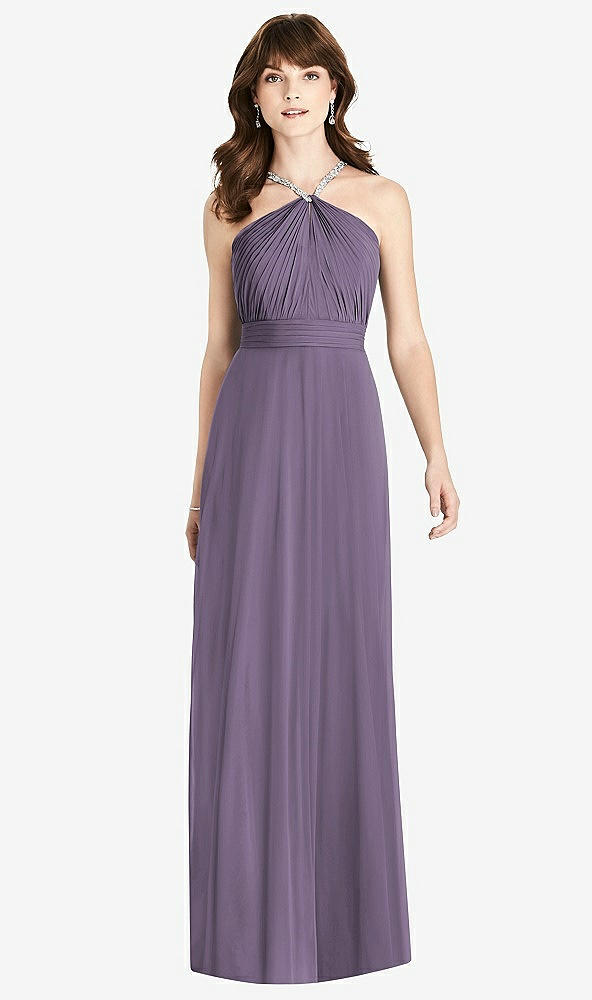 Front View - Lavender Jeweled Twist Halter Maxi Dress