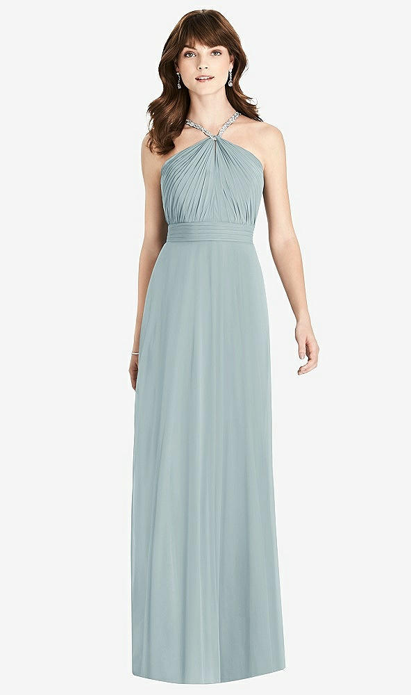 Front View - Morning Sky Jeweled Twist Halter Maxi Dress