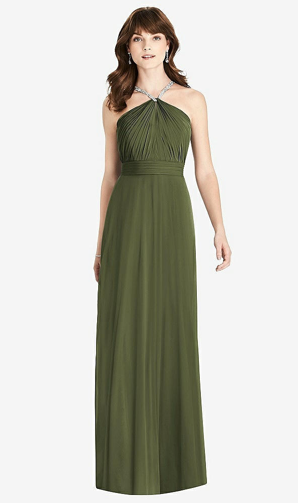Front View - Olive Green Jeweled Twist Halter Maxi Dress
