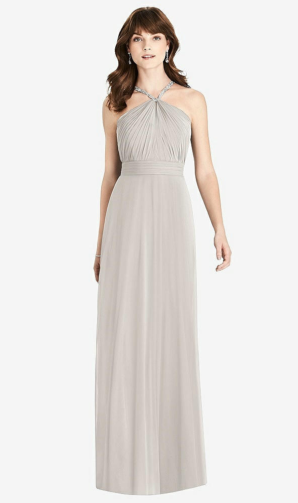 Front View - Oyster Jeweled Twist Halter Maxi Dress