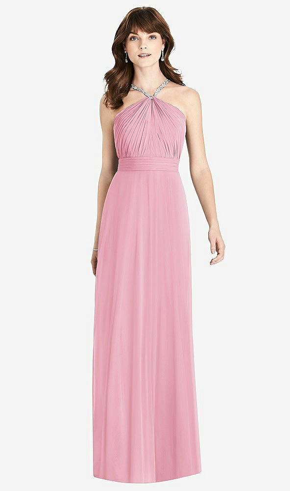 Front View - Peony Pink Jeweled Twist Halter Maxi Dress