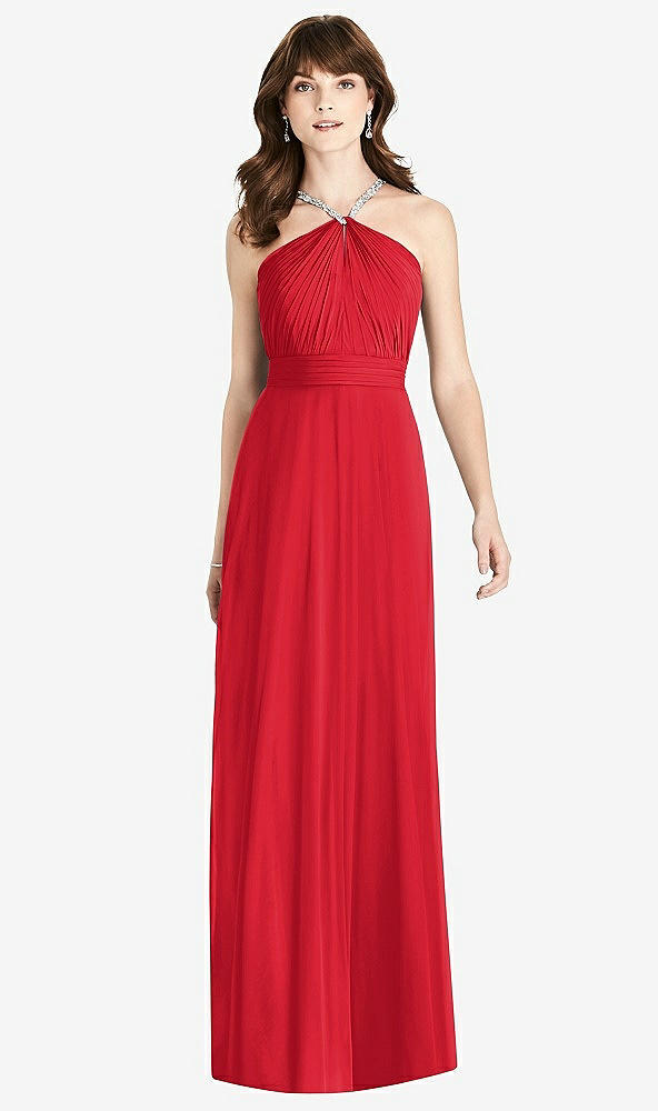 Front View - Parisian Red Jeweled Twist Halter Maxi Dress