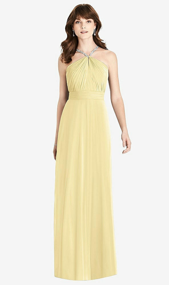 Front View - Pale Yellow Jeweled Twist Halter Maxi Dress