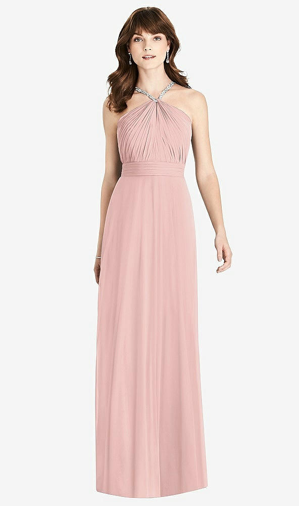 Front View - Rose - PANTONE Rose Quartz Jeweled Twist Halter Maxi Dress