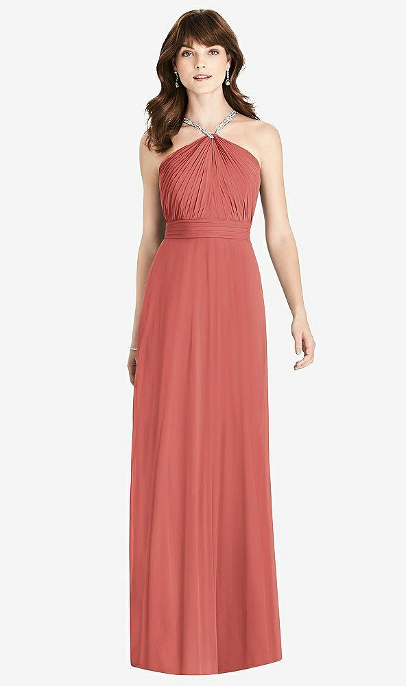 Front View - Coral Pink Jeweled Twist Halter Maxi Dress
