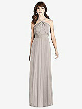 Front View Thumbnail - Taupe Jeweled Twist Halter Maxi Dress