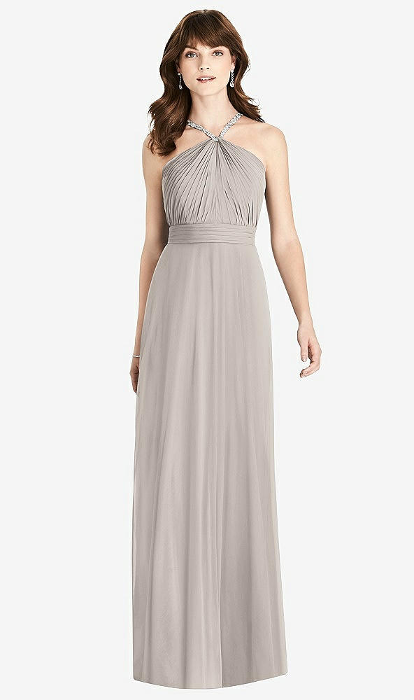 Front View - Taupe Jeweled Twist Halter Maxi Dress