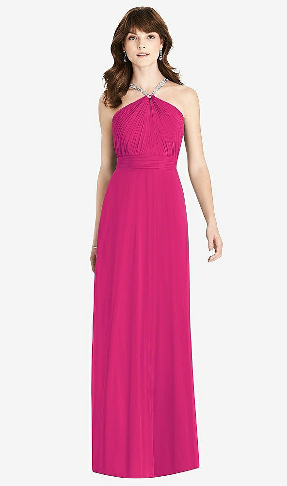Front View - Think Pink Jeweled Twist Halter Maxi Dress