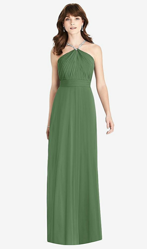 Front View - Vineyard Green Jeweled Twist Halter Maxi Dress