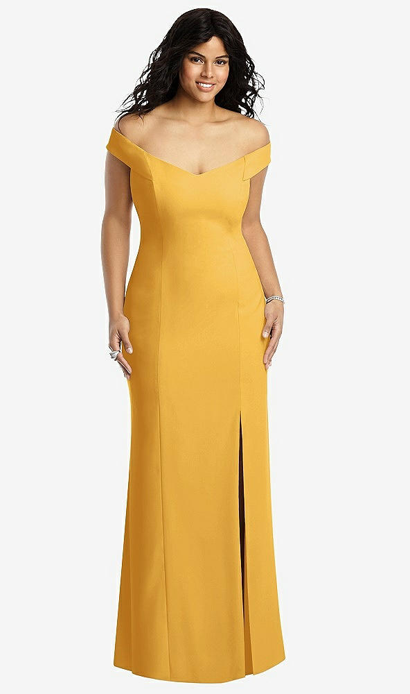 Front View - NYC Yellow Off-the-Shoulder Criss Cross Back Trumpet Gown