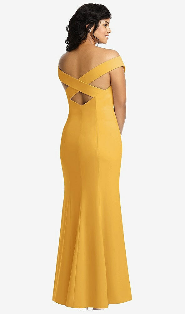 Back View - NYC Yellow Off-the-Shoulder Criss Cross Back Trumpet Gown