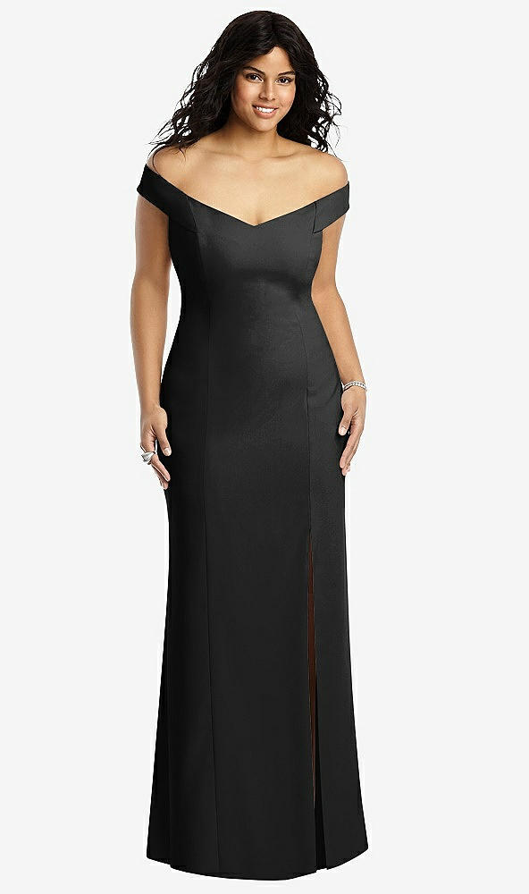 Front View - Black Off-the-Shoulder Criss Cross Back Trumpet Gown
