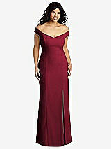 Front View Thumbnail - Burgundy Off-the-Shoulder Criss Cross Back Trumpet Gown