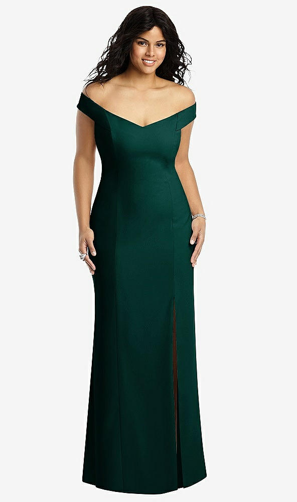 Front View - Evergreen Off-the-Shoulder Criss Cross Back Trumpet Gown