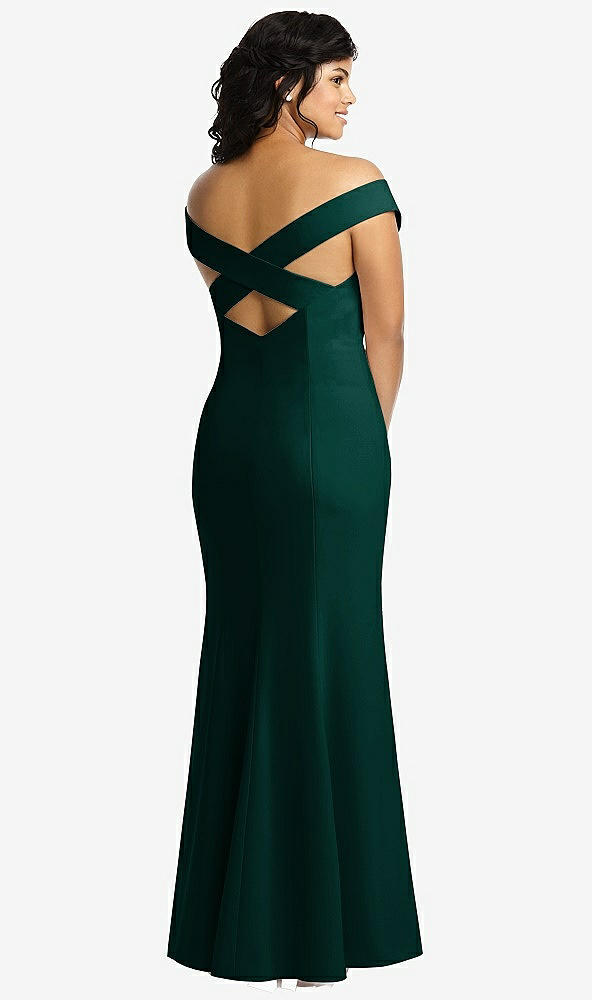 Back View - Evergreen Off-the-Shoulder Criss Cross Back Trumpet Gown
