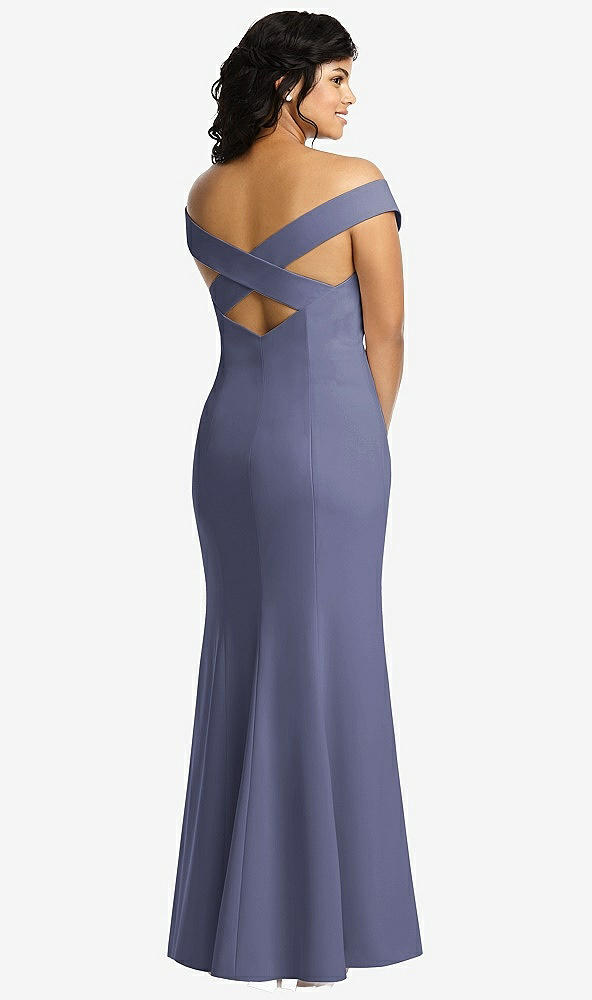 Back View - French Blue Off-the-Shoulder Criss Cross Back Trumpet Gown