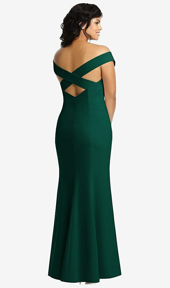 Back View - Hunter Green Off-the-Shoulder Criss Cross Back Trumpet Gown