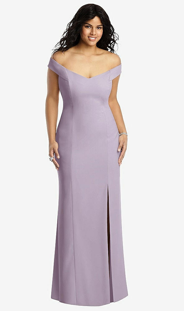 Front View - Lilac Haze Off-the-Shoulder Criss Cross Back Trumpet Gown