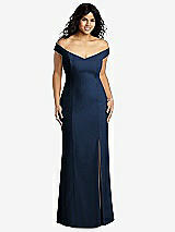 Front View Thumbnail - Midnight Navy Off-the-Shoulder Criss Cross Back Trumpet Gown