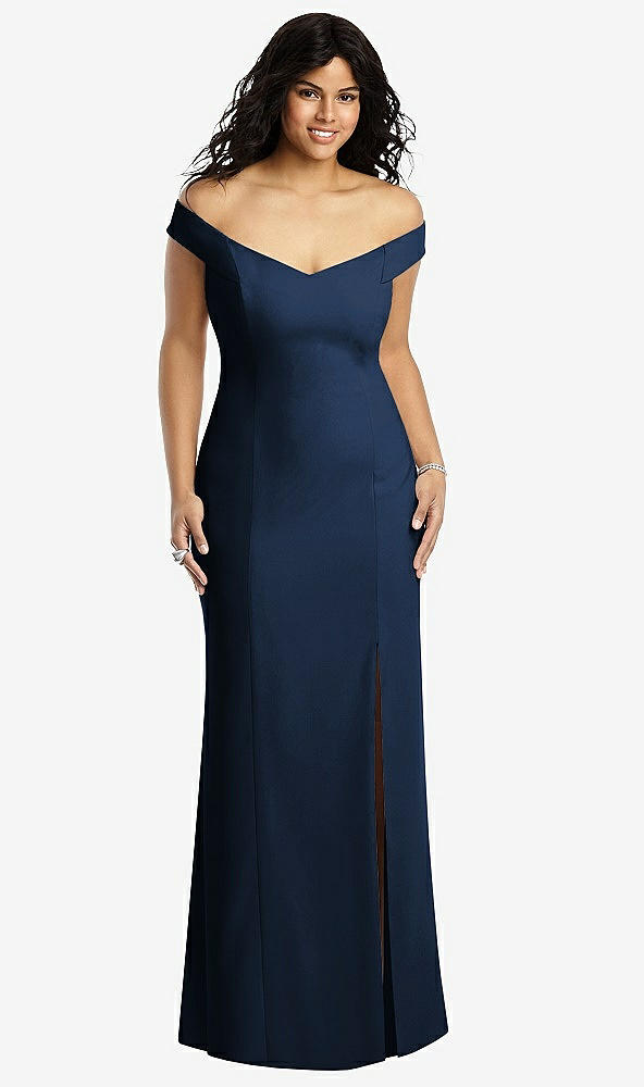 Front View - Midnight Navy Off-the-Shoulder Criss Cross Back Trumpet Gown