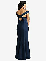 Rear View Thumbnail - Midnight Navy Off-the-Shoulder Criss Cross Back Trumpet Gown