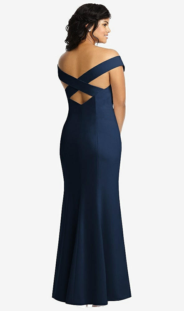 Back View - Midnight Navy Off-the-Shoulder Criss Cross Back Trumpet Gown