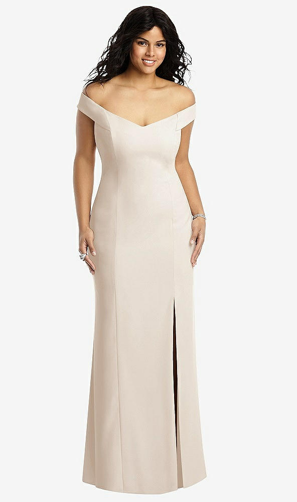 Front View - Oat Off-the-Shoulder Criss Cross Back Trumpet Gown