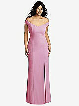 Front View Thumbnail - Powder Pink Off-the-Shoulder Criss Cross Back Trumpet Gown