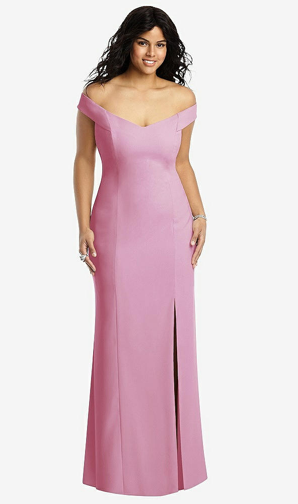 Front View - Powder Pink Off-the-Shoulder Criss Cross Back Trumpet Gown