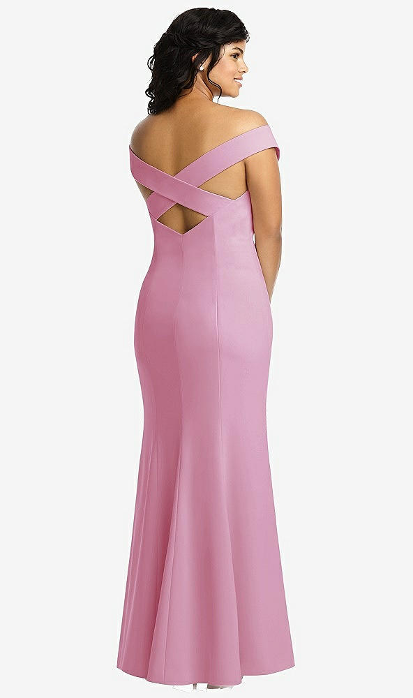 Back View - Powder Pink Off-the-Shoulder Criss Cross Back Trumpet Gown