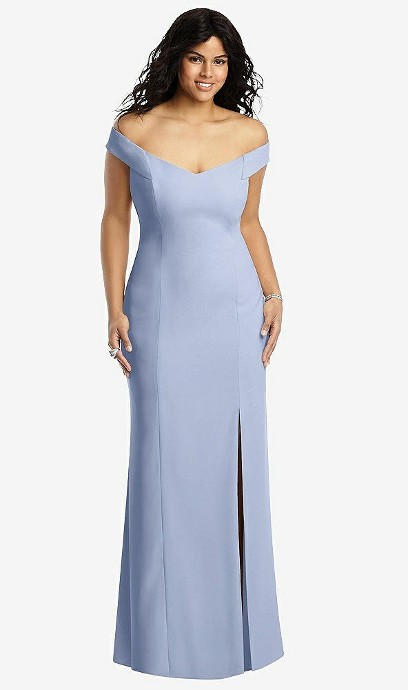 Front View - Sky Blue Off-the-Shoulder Criss Cross Back Trumpet Gown