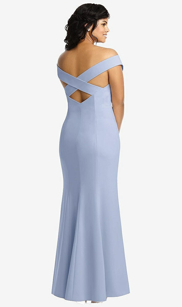 Back View - Sky Blue Off-the-Shoulder Criss Cross Back Trumpet Gown