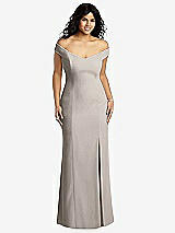 Front View Thumbnail - Taupe Off-the-Shoulder Criss Cross Back Trumpet Gown