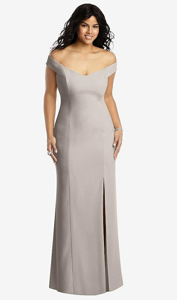 Front View - Taupe Off-the-Shoulder Criss Cross Back Trumpet Gown