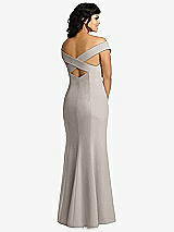 Rear View Thumbnail - Taupe Off-the-Shoulder Criss Cross Back Trumpet Gown