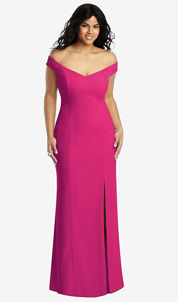 Front View - Think Pink Off-the-Shoulder Criss Cross Back Trumpet Gown