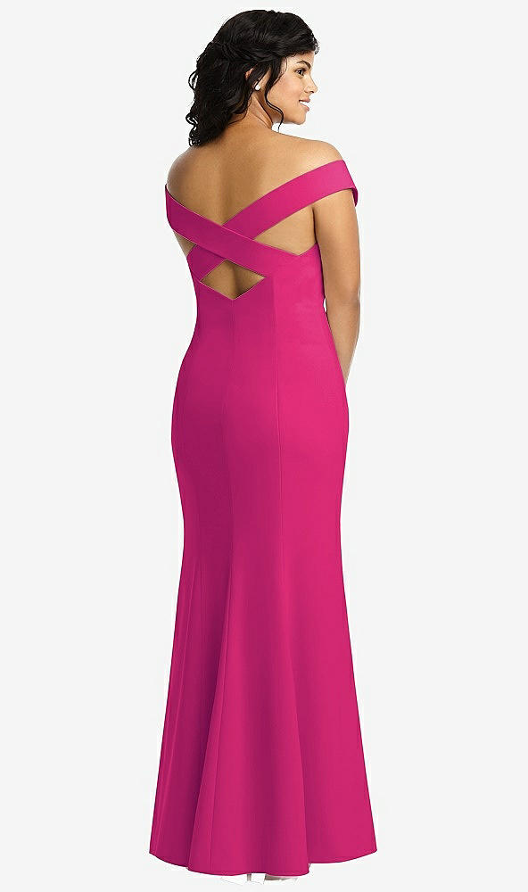 Back View - Think Pink Off-the-Shoulder Criss Cross Back Trumpet Gown