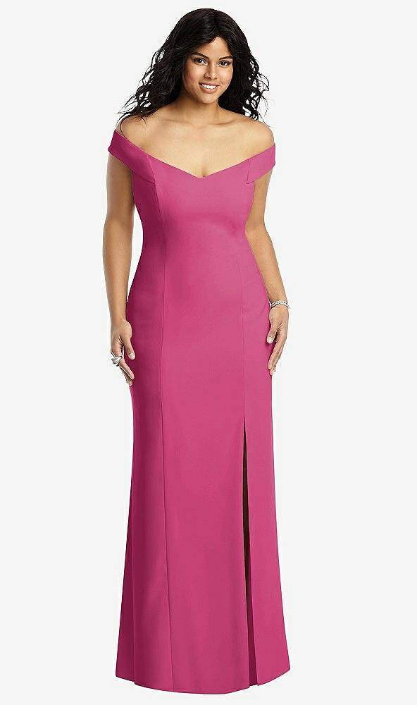 Front View - Tea Rose Off-the-Shoulder Criss Cross Back Trumpet Gown