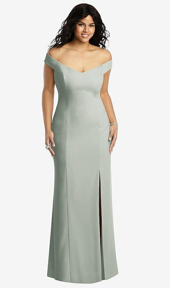 Front View - Willow Green Off-the-Shoulder Criss Cross Back Trumpet Gown