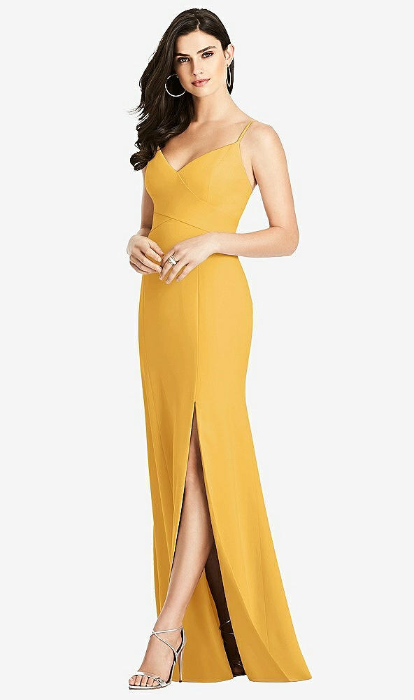 Front View - NYC Yellow Seamed Bodice Crepe Trumpet Gown with Front Slit