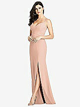 Front View Thumbnail - Pale Peach Seamed Bodice Crepe Trumpet Gown with Front Slit
