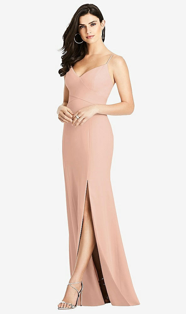 Front View - Pale Peach Seamed Bodice Crepe Trumpet Gown with Front Slit