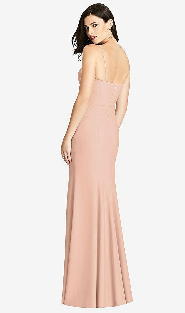 Back View - Pale Peach Seamed Bodice Crepe Trumpet Gown with Front Slit