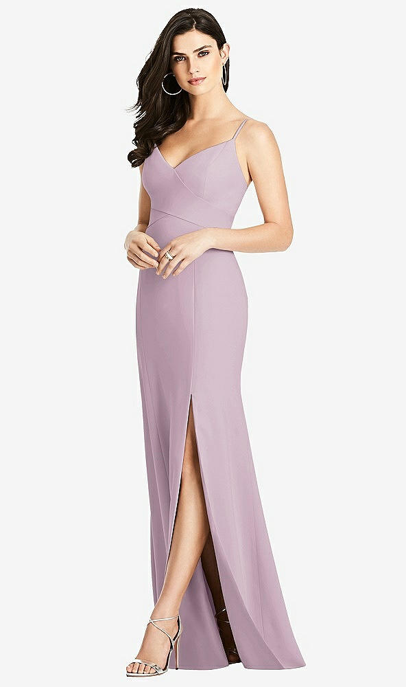 Front View - Suede Rose Seamed Bodice Crepe Trumpet Gown with Front Slit