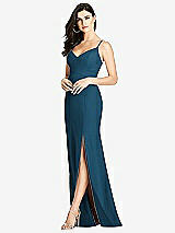 Front View Thumbnail - Atlantic Blue Seamed Bodice Crepe Trumpet Gown with Front Slit