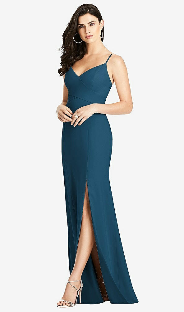 Front View - Atlantic Blue Seamed Bodice Crepe Trumpet Gown with Front Slit
