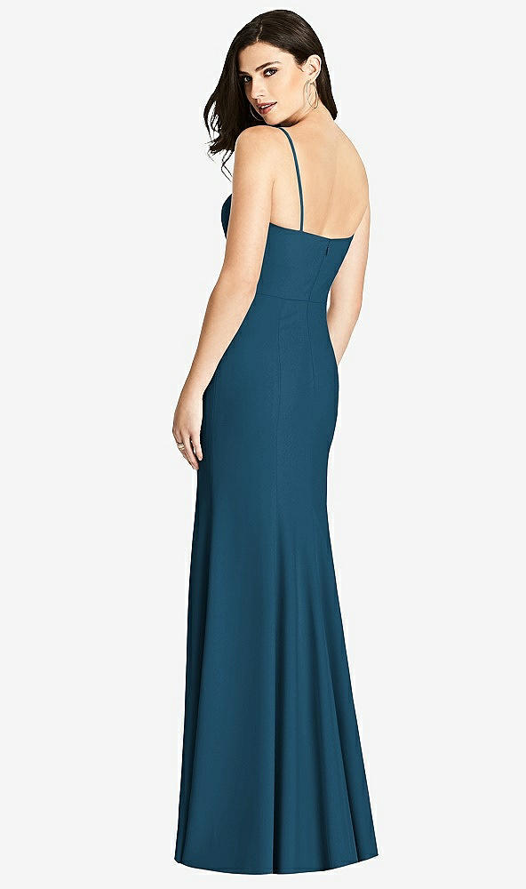 Back View - Atlantic Blue Seamed Bodice Crepe Trumpet Gown with Front Slit